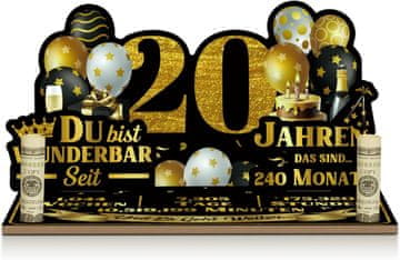 Nikcorp Jubilejna namizna dekoracija s predalčkom za denar, črno-zlate barve, zložljiva darilna dekoracija za rojstni dan in obletnice z motivom balonov in tort, eleganten prostor za bankovce, trpežna