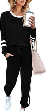 Nikcorp Ženska športna trenirka komplet, elastična in zračna, majica z dolgimi rokavi in hlače, casual activewear za jogo in rekreacijo, elegantni črtasti detajli, poliester, udobna, črna barva, velikost 2XL
