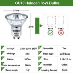 Nikcorp Halogenska žarnica GU10 35W Topla bela Topla Bela 2800K, zatemnljiva 10% do 100%, 380 lm, 38° komplet 6 kosov 230V, CRI 100