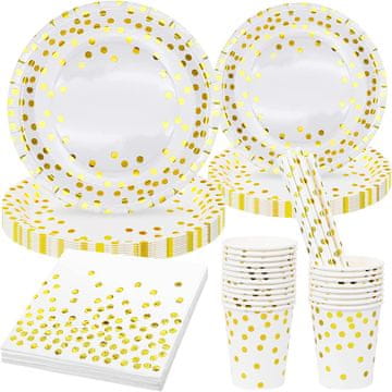 Nikcorp namizni set posode 80 kosov Bela zlato pikice, debel papir za enkratno uporabo, vodoodporno in oljoodporno, 10 velikih krožnikov 23 cm, 10 manjših, 20 prtičkov, 20 skodelic, 20 slamčk