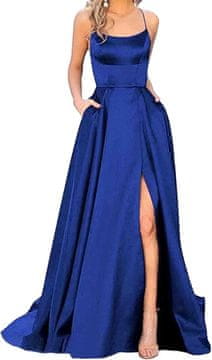Nikcorp Ženska saténová večerná maxi obleka elegantna A-line kroj z visokim pasom, žepi in visokim razporkom, brez hrbta backless, vgrajene košarice, tanke spaghetti naramnice modra poliester in mlečna svila