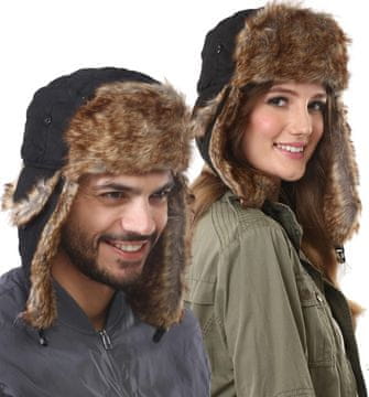 Nikcorp zimska čiapka usanka trapper s umetnim krznom, vetro- in vodoodporna, topla kapa sponka pod brado, unisex črna
