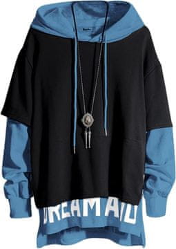 Nikcorp Moška techwear bluza patchwork hip hop ohlapna, pulover čez glavo, univerzalna velikost, urban streetwear za treninge in vsakodnevno nošenje, črna modra