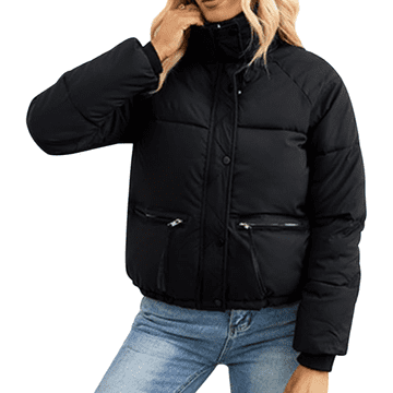 Nikcorp Ženska OBEEII kratka prešita zimska puffer jakna cropped, topel vodoodporen zunanji premaz, visok stoječi ovratnik golf, elastične manšete zategljive, polna zadrga, črna XXL