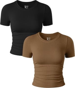 Nikcorp Komplet 2 dámskih crop topov v črni in kavno barvi, slim fit, kratek rokav, okrogli izrez, nabrani kroj, mehka raztegljiva tkanina 90% najlon 10% elastan