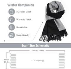 Nikcorp Dvostranski zimski šal Pashmina, mehak in topel modni dodatek, črno-siva barva, velikost 196 x 62 cm, elegantno ogrinjalo za ženske in moške, mešanica materialov, teža 300 g, idealno darilo