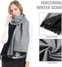 Nikcorp Dvostranski zimski šal Pashmina, mehak in topel modni dodatek, črno-siva barva, velikost 196 x 62 cm, elegantno ogrinjalo za ženske in moške, mešanica materialov, teža 300 g, idealno darilo