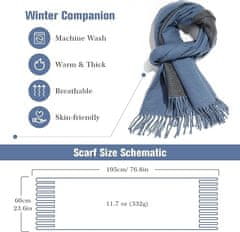 Nikcorp Dvostranski šal Pashmina unisex, mehak zimski šal 196x62 cm, mornarsko modra in temno siva barva, velikost L, eleganten modni dodatek za jesen in zimo, primeren za darilo, 300g, mešanica materialov