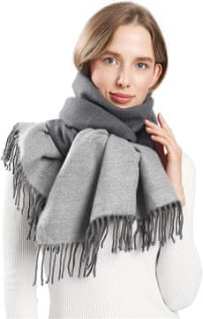 Nikcorp Zimski šal Pashmina obojestranski mehak in topel modni dodatek velikost L 196x62 cm siv z resicami unisex za vsakodnevno nošenje in eleganco iz mešanice poliestra rajona in najlona 300 g