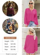 Nikcorp Ženska bluza Dokotoo oversize, vafljasta tekstura, V-izrez, dolgi lantern rokavi, mehka in zračna pletenina, elegantna tunika za vsak dan, roza barva, velikost XL