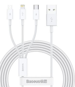 BASEUS CAMLTYS-02 Superior Fast Charging Data Cable 3v1 USB-C, Lightning, MicroUSB 1,5 m bela
