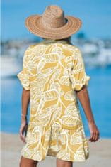 Nikcorp Ženska tunika obleka za plažo poliesterska XL rumena ohlapna zračna 3/4 rokavi V-neck elastična proti bledenju listni vzorec za plažo in mesto
