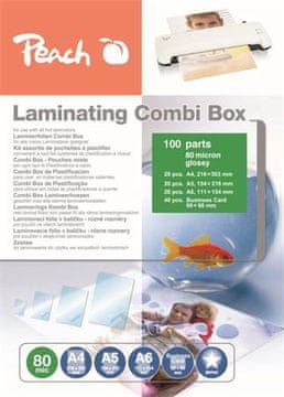 Peach Laminiranje Combi Box 100, laminirna folija 20 kosov A4, 20 kosov A5, 20 kosov A6, 40 kosov vizitk, 80 mic