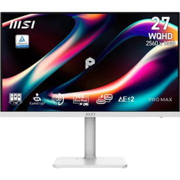 MSI Zaslon PRO MAX 271QPHW E14 / 68,6 cm (27") / 2560x1440 (WQHD) / IPS / 144 Hz / 4 ms (GTG) / 300 nits / 1500:1 / KVM / nastavljiv po višini