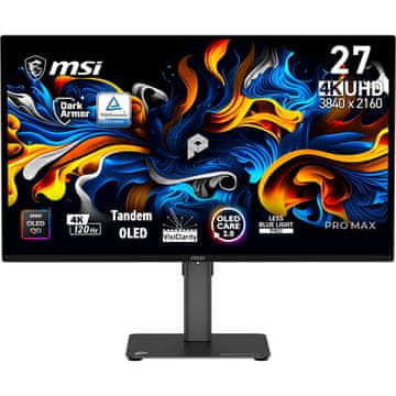MSI Zaslon PRO MAX 271UPX12G / 67,3 cm (26,5") / 3840x2160 (UHD) / QD-OLED / 120Hz / 0.03 ms (GTG) / 250 nits / 1500000:1 / KVM / nastavljiv po višini