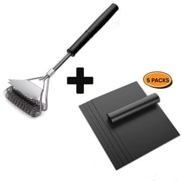 Netscroll Set podlog za žar s krtačo za čiščenje, 5 črnih nelepljivih podlog za večkratno uporabo in 43 cm krtača s strgalom za različne vrste žarov, GrillBundle.