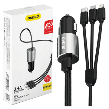 DUDAO 3v1 USB avtopolnilnik 3.4A vgrajen Lightning / USB tip C / Micro USB kabel črne barve (R5ProN črne barve)