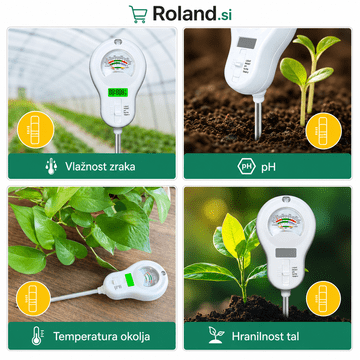 Roland Digitalni tester zemlje 6 v 1 – pH, vlaga, plodnost, svetloba, temperatura in zračna vlaga