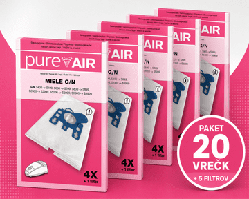 Pure Air Vrečke za sesalnike MIELE G/N - Paket 20 vrečk + 5 filtrov