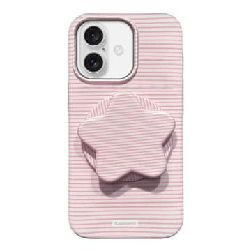 FreakinGood PC ovitek za iPhone 16 Plus s črtastim vzorcem z zvezdastim stojalom (roza)