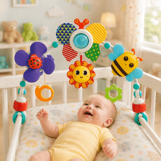 JOJOY® Senzorični vrtiljak za voziček z ogledalom in grizalom, BPA free, univerzalne sponke 360° | ARCBABY Čebela