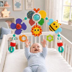 JOJOY® Senzorični vrtiljak za voziček z ogledalom in grizalom, BPA free, univerzalne sponke 360° | ARCBABY Čebela