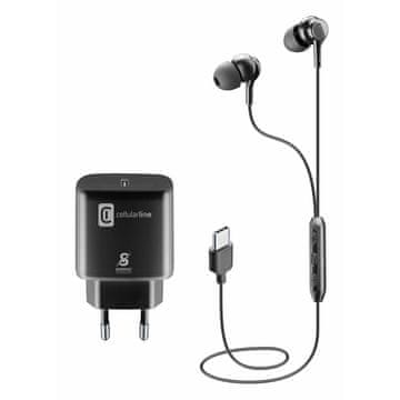CellularLine Cellularline Set: Hitri polnilec (25W) + slušalke USB-C z mikrofonom