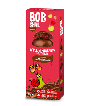 shumee Bob Snail jabolčni in jagodni prigrizek v temni čokoladi - 30 g