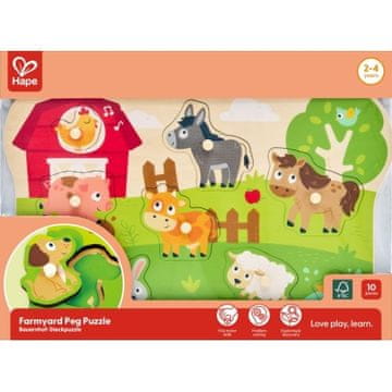 Hape Živali na vrtu sestavljanka s čepki, lesena, 10 kosov
