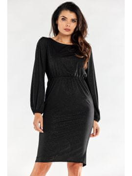 Awama Elegantna brokatna midi obleka z odprtim hrbtom in dolgimi rokavi, črna M