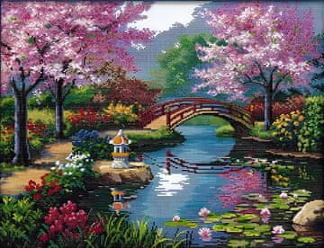 shumee Komplet za križno vezenje Sakura 50x40 cm z nitmi, iglami in vzorcem češnjevega cveta za vezenje