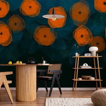 Artgeist Foto tapeta - Akvarelna kompozicija - oranžni vzorci na nežnem ozadju z listi
