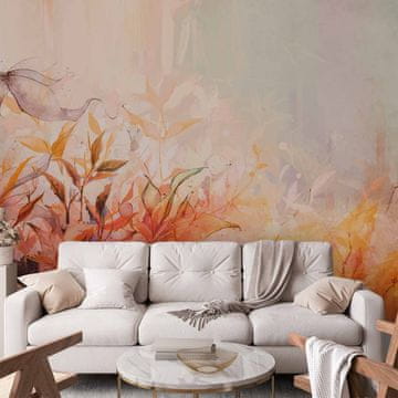 Artgeist Foto tapeta - Flaming Meadow - naravna pokrajina s travnikom cvetja in listov v akvarelnem slogu