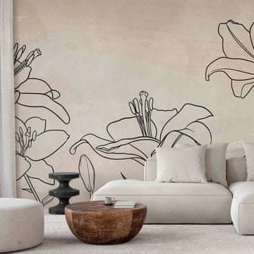 Artgeist Foto tapeta - Skica narave - minimalističen lineart z lilijskimi cvetovi na bež ozadju