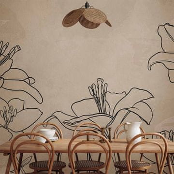 Artgeist Foto tapeta - Skica narave - minimalističen lineart z lilijskimi cvetovi na bež ozadju