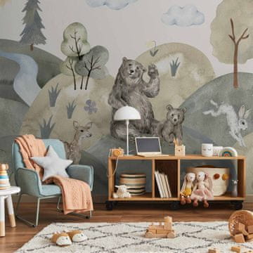 Artgeist Foto tapeta - Zeleni griči - dolina z živalmi, poslikanimi z akvareli