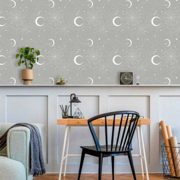 Artgeist Fototapeta - Kozmični ognjemet - eleganten vzorec z lunami in zvezdami na sivi podlagi / Kozmični izbruhi - lune in zvezde na svetlo sivem ozadju