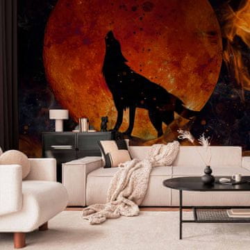 Artgeist Foto tapeta - Divja narava - volk na ozadju rdeče lune v plamenih ognja