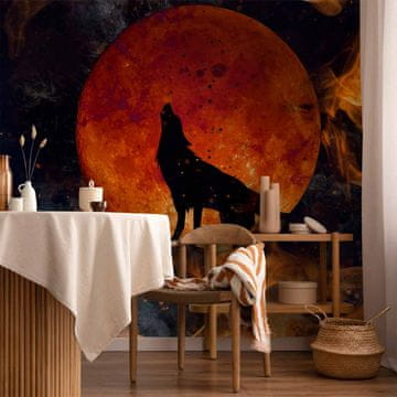 Artgeist Foto tapeta - Divja narava - volk na ozadju rdeče lune v plamenih ognja
