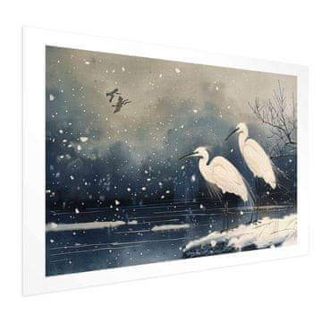 Artgeist Plakat - Čaplje ob zimskem ribniku - ilustracija v japonskem slogu v temnih barvah