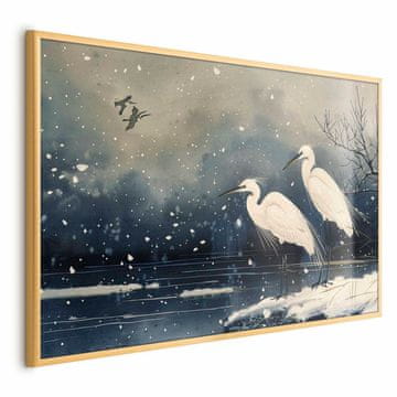 Artgeist Plakat - Čaplje ob zimskem ribniku - ilustracija v japonskem slogu v temnih barvah