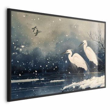 Artgeist Plakat - Čaplje ob zimskem ribniku - ilustracija v japonskem slogu v temnih barvah