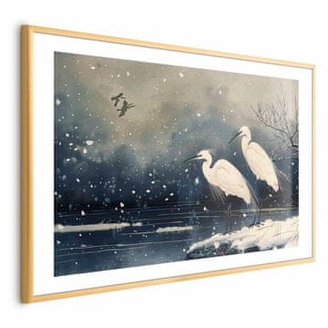 Artgeist Plakat - Čaplje ob zimskem ribniku - ilustracija v japonskem slogu v temnih barvah