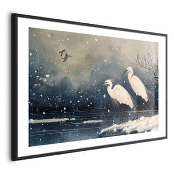 Artgeist Plakat - Čaplje ob zimskem ribniku - ilustracija v japonskem slogu v temnih barvah