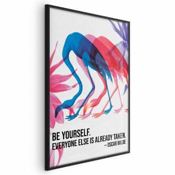 Artgeist Plakat - Barvita ponovitev - tri silhuete flamingov in navdihujoč citat