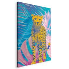 Artgeist Eksotična slika leoparda - barvit portret geparda na ozadju tropskih listov