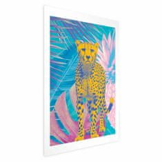 Artgeist Eksotični leopardji plakat - barvit portret geparda na ozadju tropskih listov