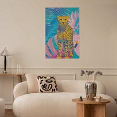 Artgeist Eksotični leopardji plakat - barvit portret geparda na ozadju tropskih listov