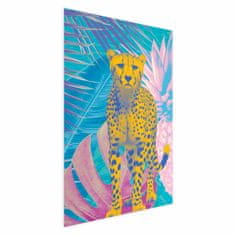 Artgeist Eksotični leopardji plakat - barvit portret geparda na ozadju tropskih listov