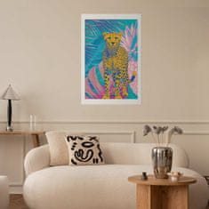 Artgeist Eksotični leopardji plakat - barvit portret geparda na ozadju tropskih listov